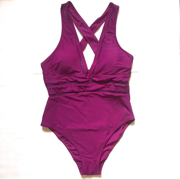 One-Piece Swimsuit V-neck Purple Cheeky Halter - Picture 1 of 9